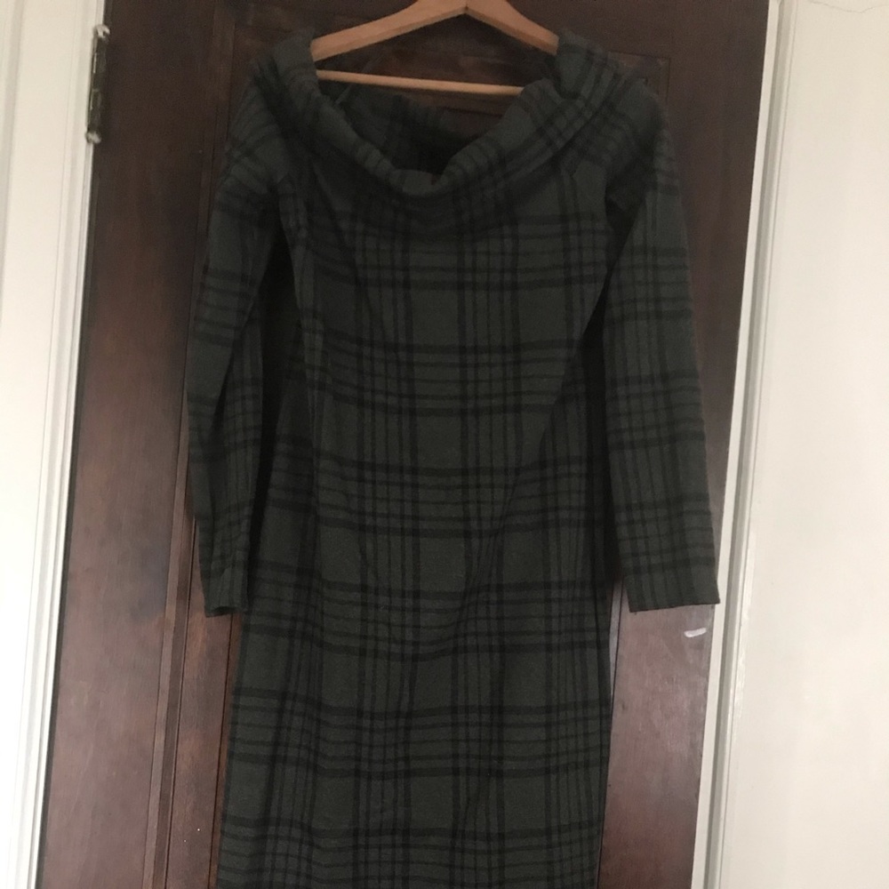Green plaid off the shoulder midi dress